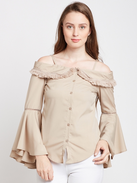 

Popnetic Women Beige Solid Bardot Top