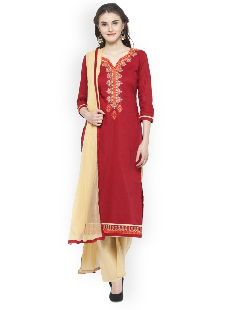 

Kvsfab Red & Beige Pure Cotton Embroidered Unstitched Dress Material