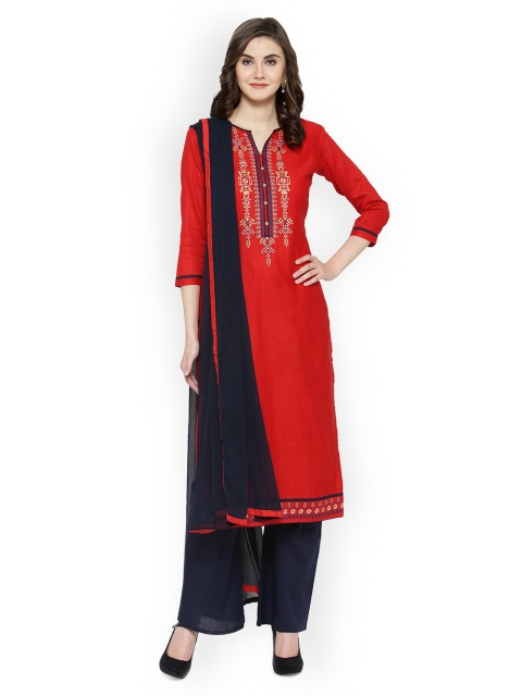 

Kvsfab Red & Navy Blue Pure Cotton Embroidered Unstitched Dress Material