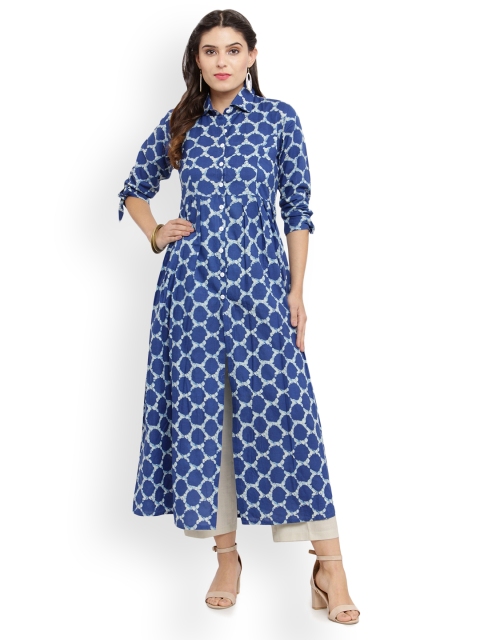 

Indibelle Women Blue & Off-White Printed Kurta with Trousers