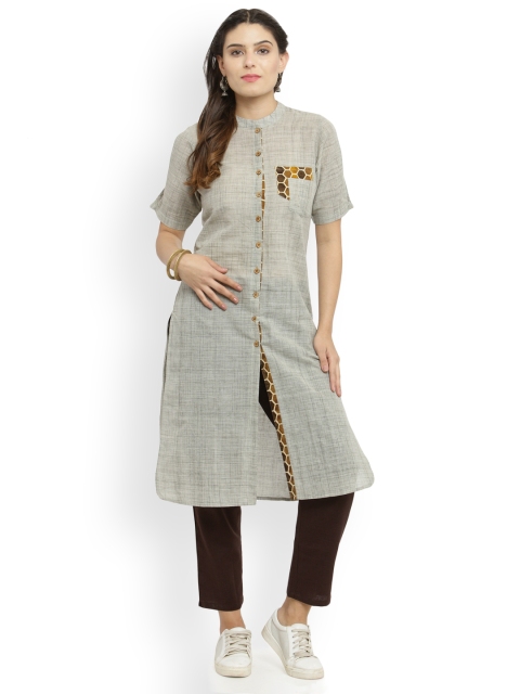 

Indibelle Women Grey & Brown Solid Handloom Kurta with Trousers