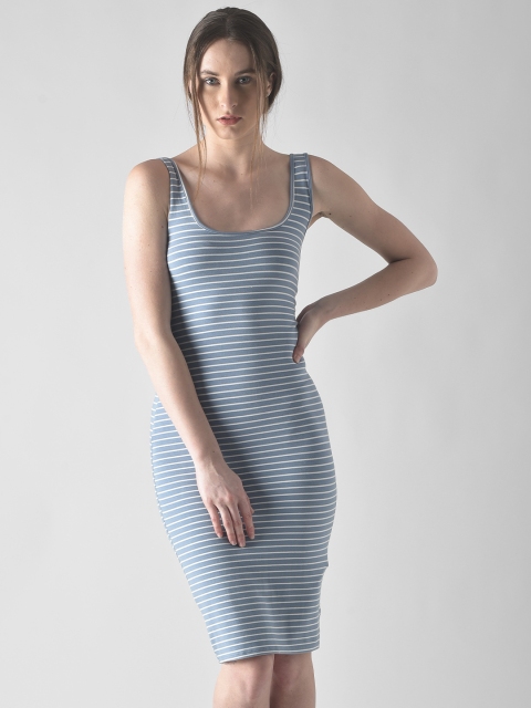 

FOREVER 21 Women Blue & White Striped Bodycon Dress