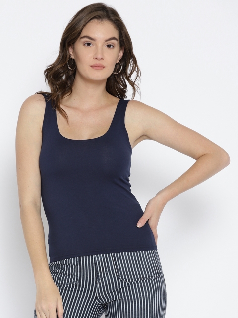 

FOREVER 21 Women Navy Solid Fitted Top, Navy blue