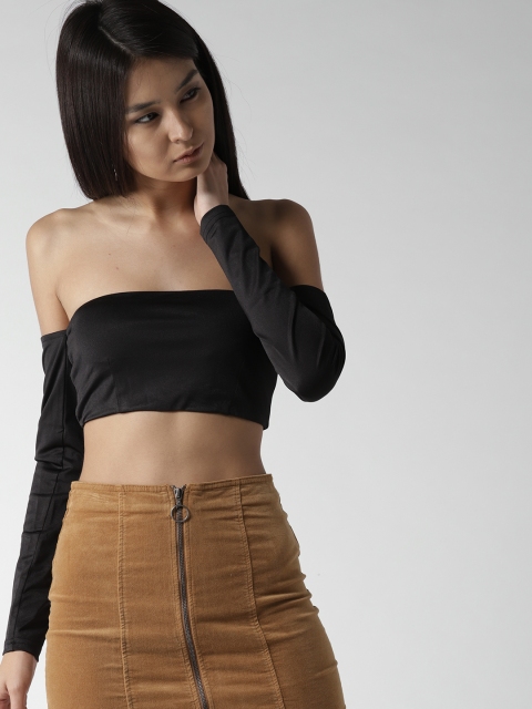 

FOREVER 21 Women Black Solid Crop Bardot Top