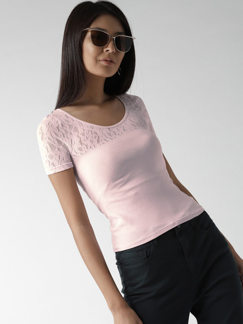 

FOREVER 21 Women Pink Solid Lace Inserts Fitted Top