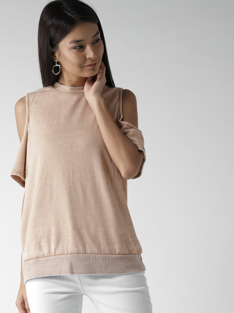 

FOREVER 21 Women Peach-Coloured Solid Cold-Shoulder Top