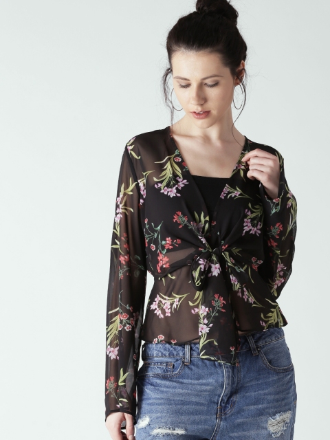 

FOREVER 21 Women Black Floral Print Sheer Styled Back Top