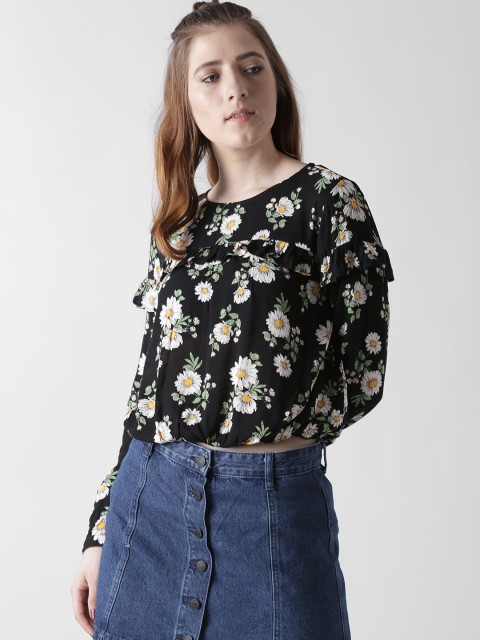 

FOREVER 21 Women Black Floral Print Blouson Top
