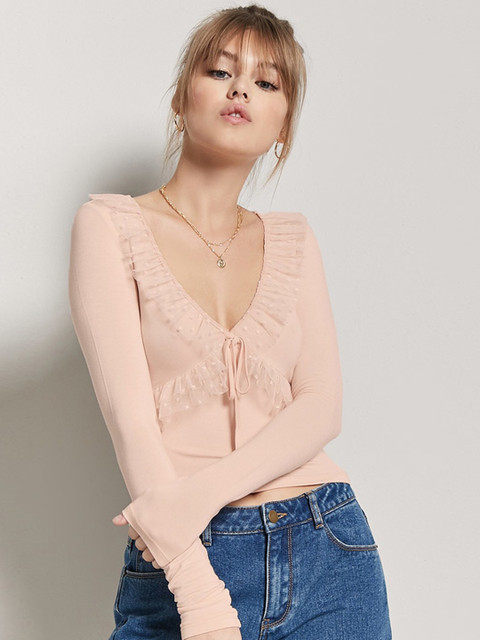 

FOREVER 21 Women Peach-Coloured Solid Crop Fitted Top