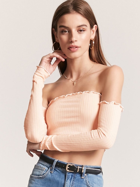

FOREVER 21 Women Peach-Coloured Solid Crop Tube Top