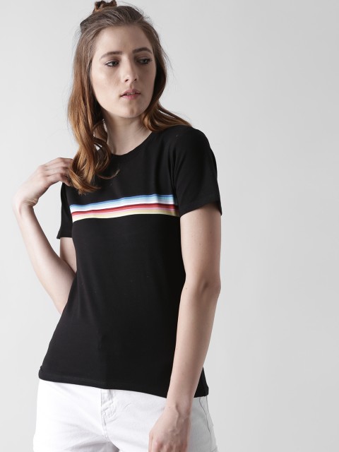 

FOREVER 21 Women Black Striped Detail Round Neck T-shirt