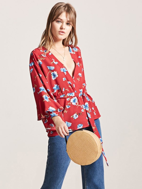 

FOREVER 21 Women Red Floral Print Wrap Top