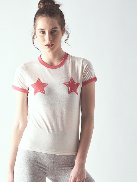 

FOREVER 21 Women Off-White Star Print Round Neck T-shirt