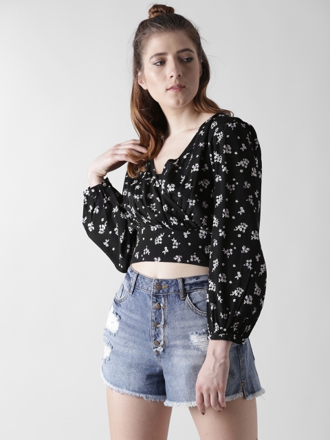 

FOREVER 21 Women Black Printed Crop Wrap Top