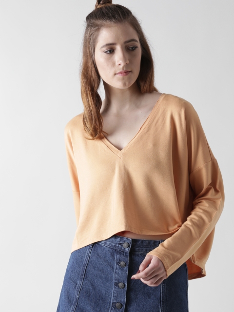 

FOREVER 21 Women Peach-Coloured Solid Crop A-Line Top