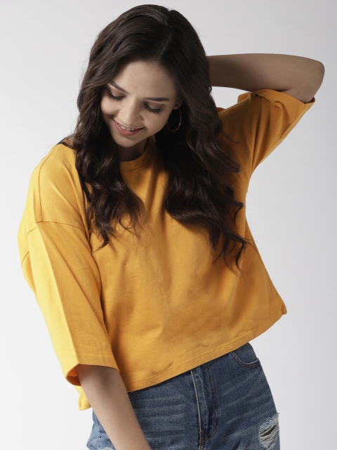 

FOREVER 21 Women Mustard Yellow Solid Round Neck T-shirt