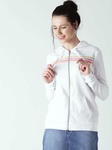 

FOREVER 21 Women White Striped Hooded Sweatshirt