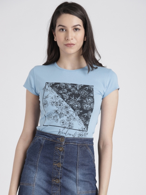 

Splash Women Blue Printed Round Neck T-shirt
