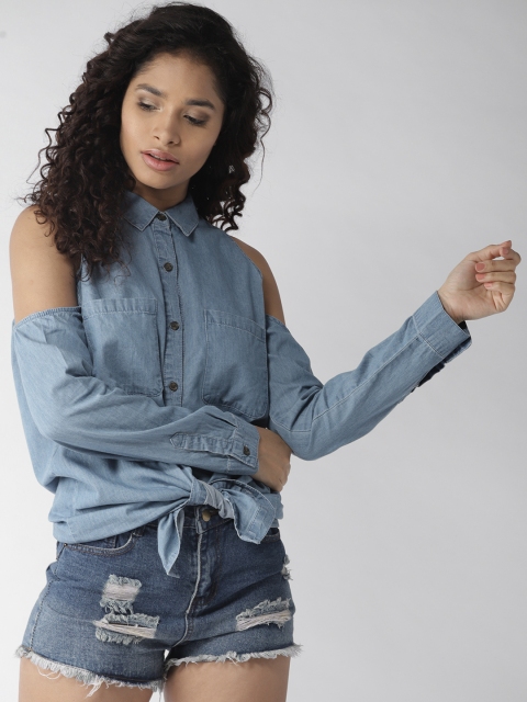 

FOREVER 21 Women Blue Chambray Solid Casual Shirt