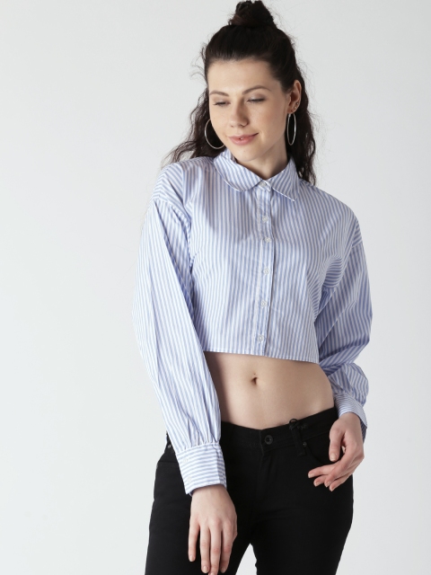 

FOREVER 21 Women Blue & White Regular Fit Striped Casual Crop Shirt