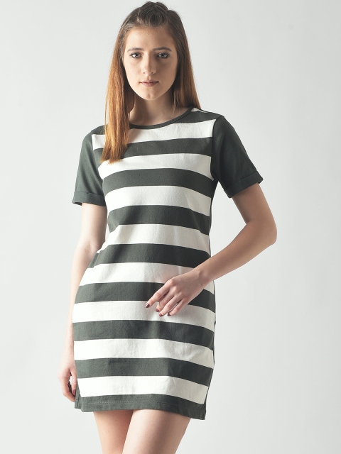 

FOREVER 21 Women Olive Green & White Striped T-shirt Dress