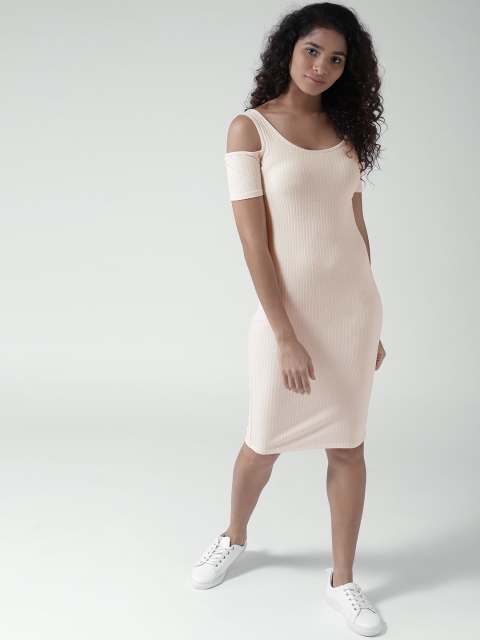 

FOREVER 21 Women Cream-Coloured Self-Striped Cold-Shoulder Bodycon Dress