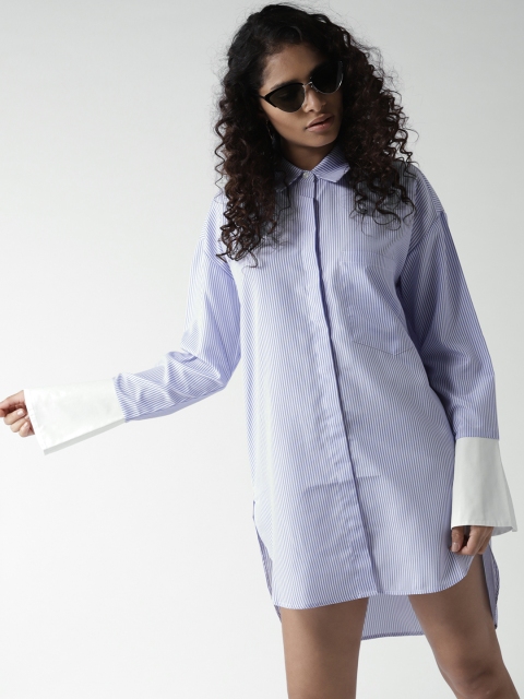

FOREVER 21 Women Blue & White Striped Shirt Dress