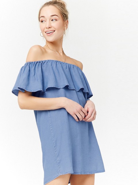

FOREVER 21 Women Blue Solid Denim A-Line Dress