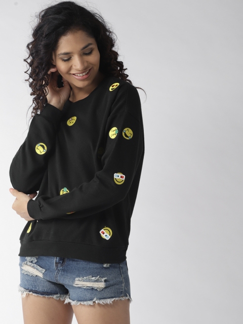 

FOREVER 21 Women Black Self Design Sweatshirt