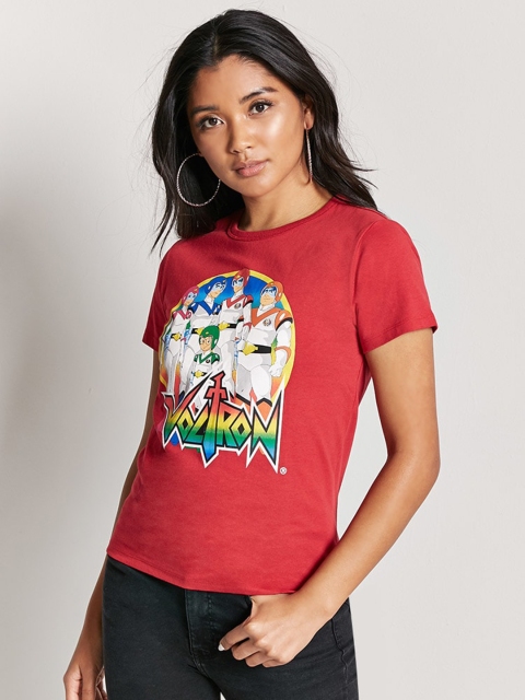 

FOREVER 21 Women Red Printed Round Neck Pure Cotton T-shirt