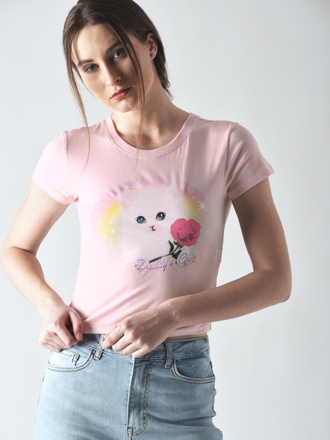 

FOREVER 21 Women Pink Printed Round Neck T-shirt