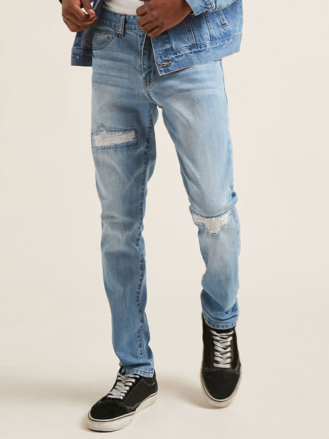 

FOREVER 21 Men Blue Regular Fit Mid-Rise Mildly Distressed Stretchable Jeans