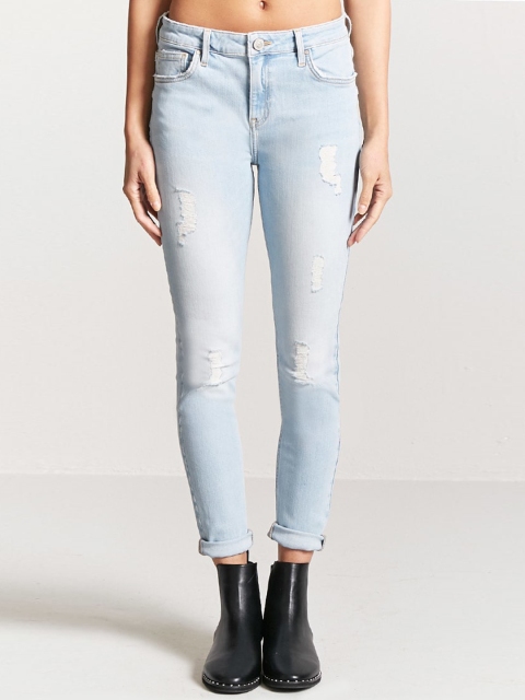 

FOREVER 21 Women Blue Ankle Fit Mid-Rise Mildly Distressed Stretchable Jeans