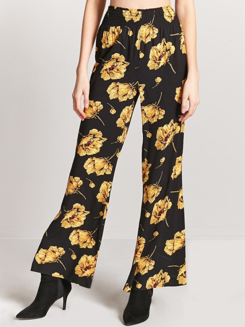 

FOREVER 21 Women Black & Yellow Regular Fit Floral Print Bootcut Trousers