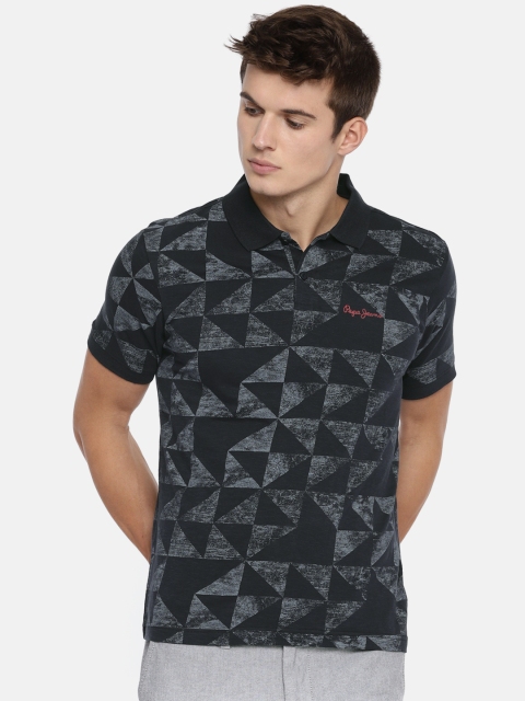 

Pepe Jeans Men Navy Geometric Printed Polo Collar T-shirt, Navy blue
