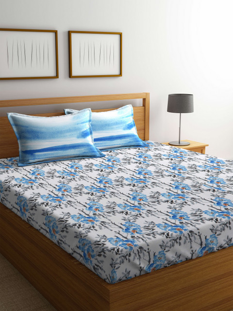 

Trident White & Blue Floral Flat 144 TC Cotton 1 Queen Bedsheet with 2 Pillow Covers