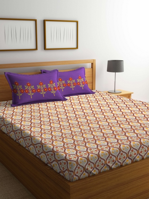 

Trident Yellow & Purple Abstract Flat 144 TC Cotton 1 Queen Bedsheet with 2 Pillow Covers