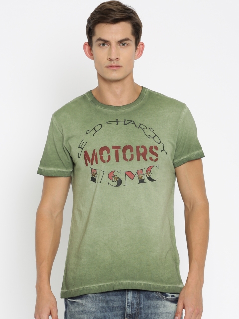 

Ed Hardy Men Olive Green Printed Pure Cotton T-shirt
