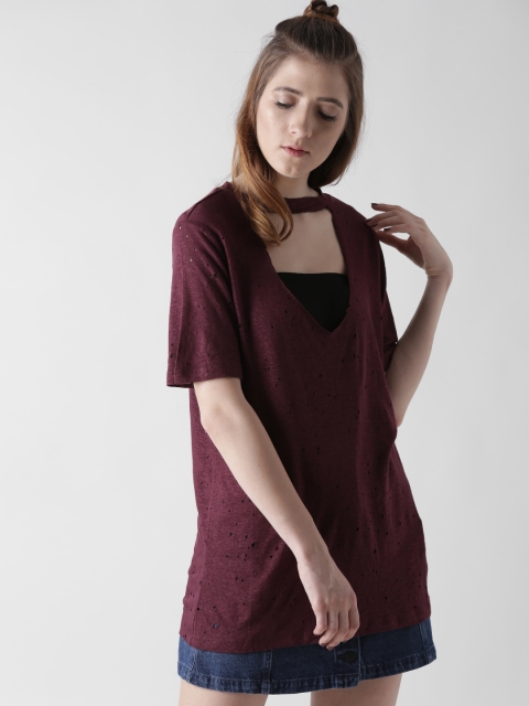 

FOREVER 21 Women Aubergine Distressed Solid Top, Purple