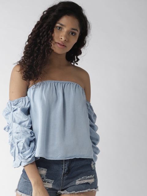 

FOREVER 21 Women Blue Chambray Solid Bardot Top