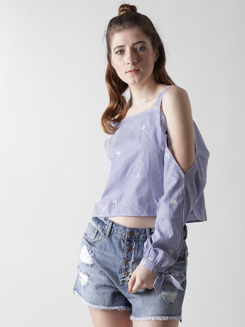 

FOREVER 21 Women White & Blue Striped Crop Boxy Top