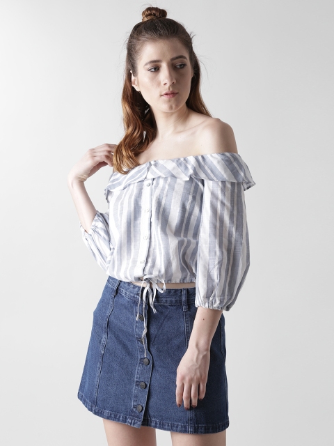 

FOREVER 21 Women Blue Striped crop Bardot Top
