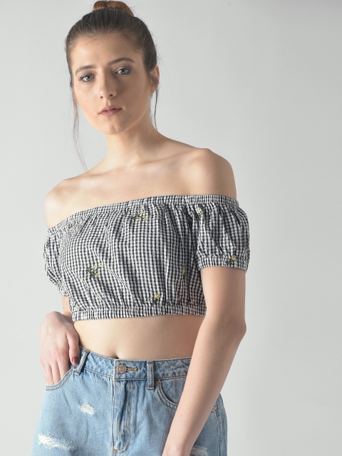 

FOREVER 21 Women Black & White Checked Crop Bardot Top
