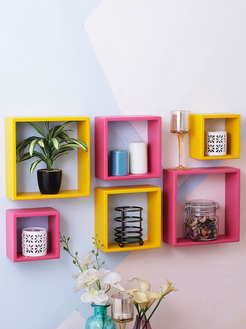 

Home Sparkle Yellow & Pink MDF Basic Wall Shelf