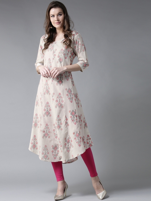 

Moda Rapido Women Off-White & Pink Printed A-Line Kurta