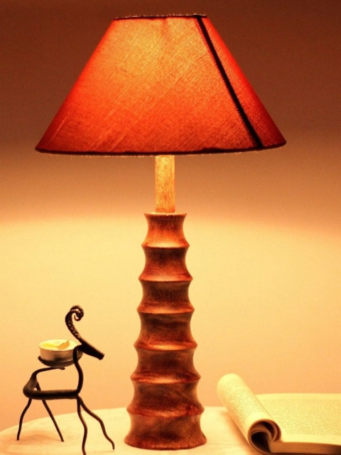 

Unravel India Wooden Buffing Brown Bedside Standard Table Lamp With Shade