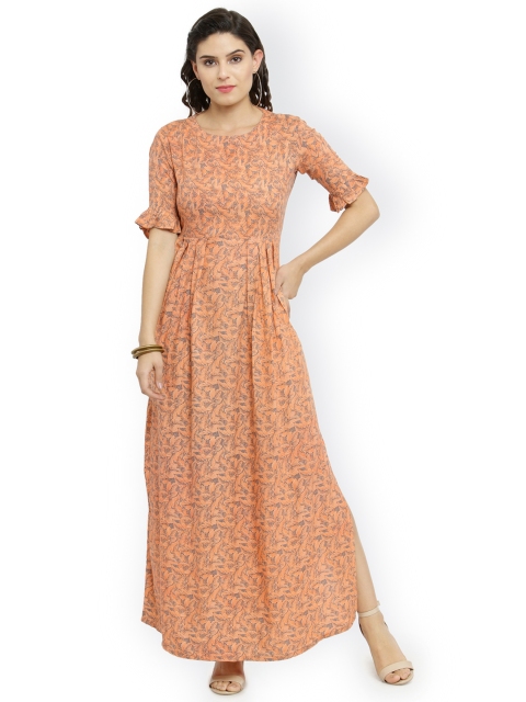 

Indibelle Women Peach-Coloured Printed Fit and Flare Dress