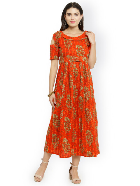 

Indibelle Women Orange Printed Empire Dress
