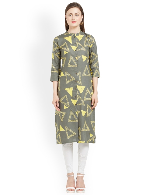 

Kvsfab Women Green & Yellow Printed Straight Kurta