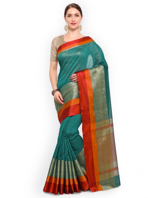 

Satrani Green & Gold-Toned Poly Silk Solid Chanderi Saree